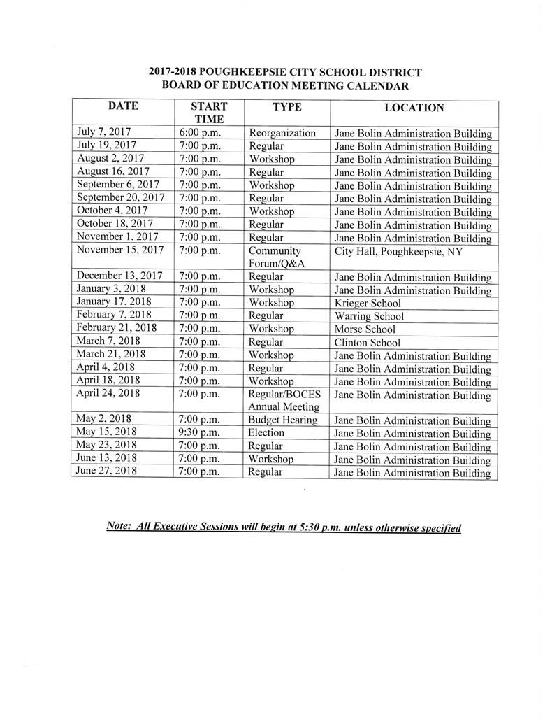 Board of Education Meeting Calendar / Overview